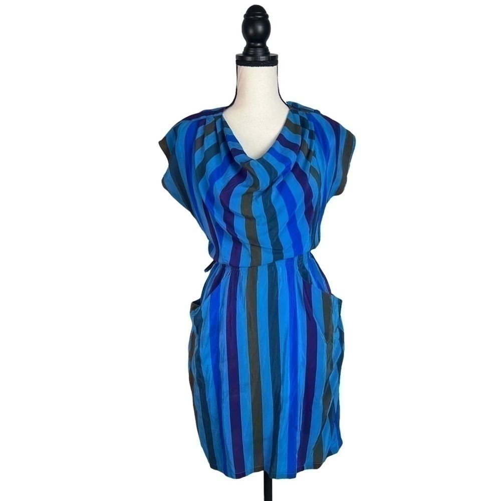 No. 6 Store Silk Mini Dress Blue Stripe Draped Pocket NYC Designer Sz 1